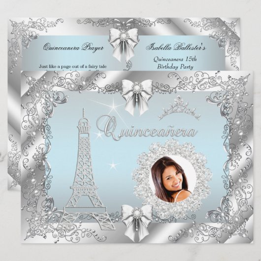 Invitation Princesse Turquoise Bleue Quinceanera Silver Photo (Devant / Derrière)