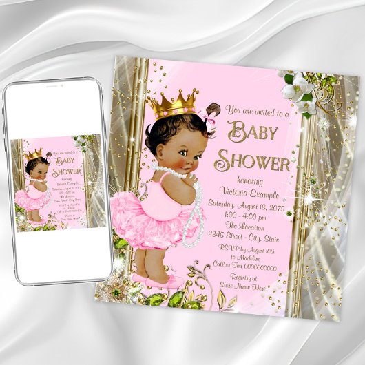 Invitation Princesse Tutu Baby shower d'or rose