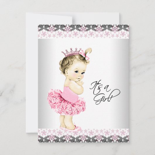 Invitation Princesse Tutu Baby shower rose et gris (Devant)