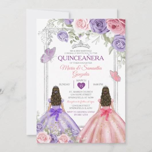 Invitation Princesse Twin Argent Violet Et Rose Quinceañera (Devant)