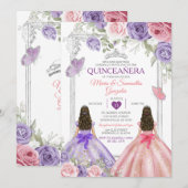 Invitation Princesse Twin Argent Violet Et Rose Quinceañera (Devant / Derrière)