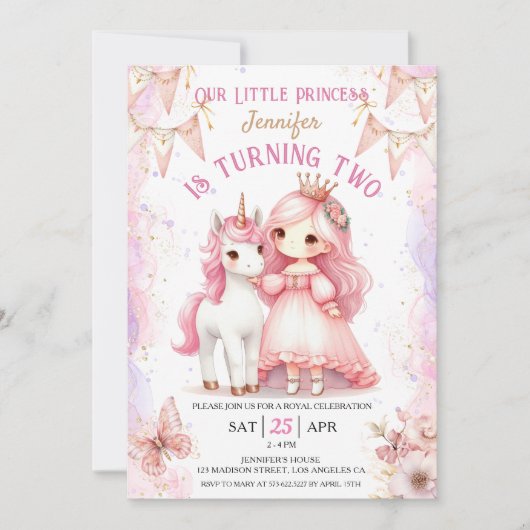 Invitation Princesse Unicorn 2e anniversaire fille rose (Devant)