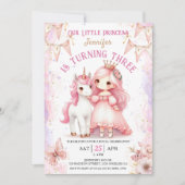 Invitation Princesse Unicorn 3e anniversaire fille rose (Devant)