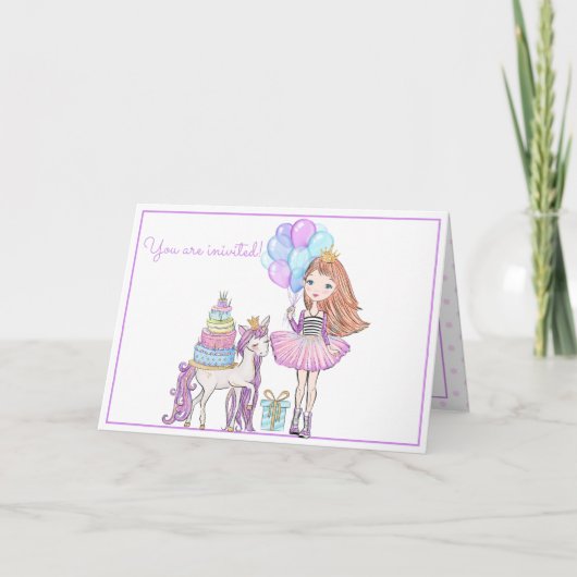 Invitation Princesse Unicorn Moderne fille aquarelle Annivers (Devant)