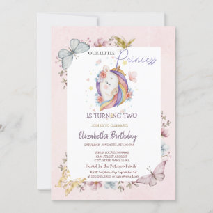 Invitation Princesse Unicorn Papillons rose Anniversaire