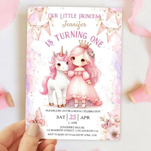 Invitation Princesse Unicorne 1er anniversaire fille rose