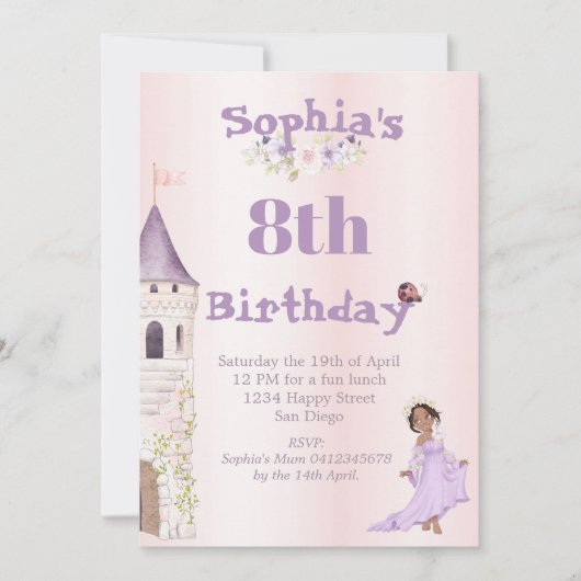 Invitation Princesse Unicorne cheveux foncé pourpre âge Anniv (Devant)