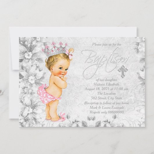 Invitation Princesse vintage Baptême rose et gris (Devant)