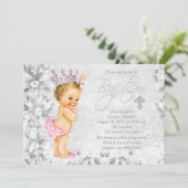 Invitation Princesse vintage Baptême rose et gris (Debout devant)