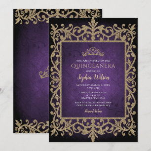 Invitation Princesse vintage en or violet Tiara Quinceañera