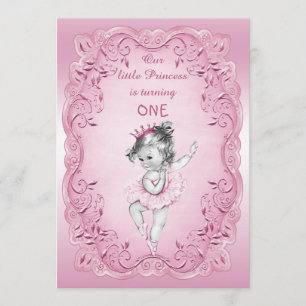 Invitation Princesse Vintage rose Ballerina 1er anniversaire