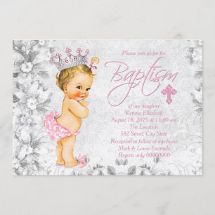 Invitation Princesse Vintage rose et gris Baptême