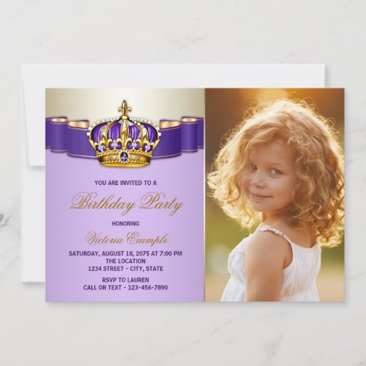Invitation Princesse violette et or fête d'anniversaire (Devant)