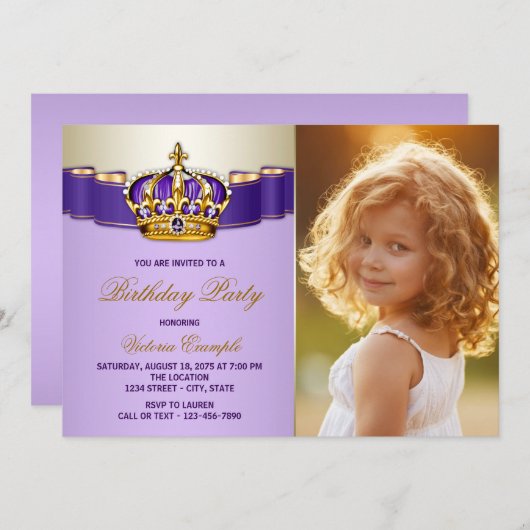 Invitation Princesse violette et or fête d'anniversaire (Devant / Derrière)