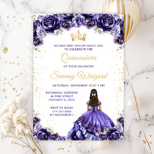 Invitation Princesse violette foncée Floral Quinceañera