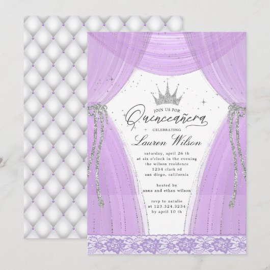 Invitation princesse violette luxueuse pétillante Quinceanera (Devant / Derrière)