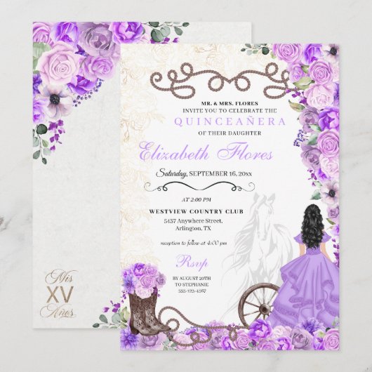 Invitation Princesse violette occidentale Floral Charra Quinc (Devant / Derrière)