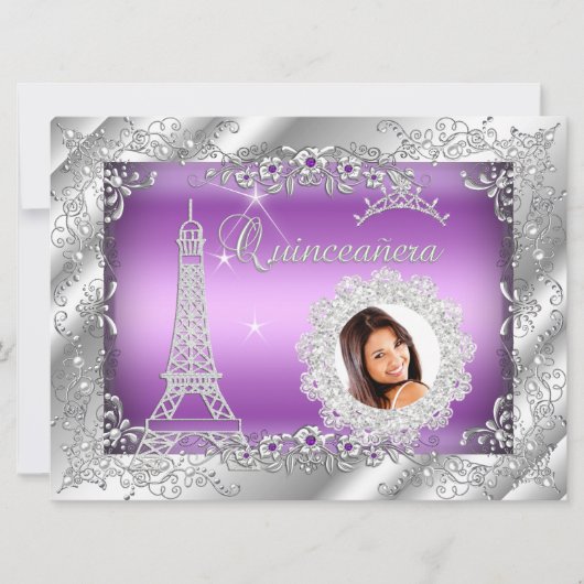 Invitation Princesse violette Quinceanera Silver Photo BIG (Devant)