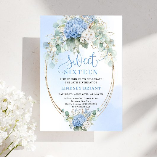Invitation Printable Blue Hydrangea Sweet Sixteen Birthday 