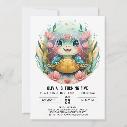 Invitation Printable Boho Turtle Girl Anniversaire (Devant)