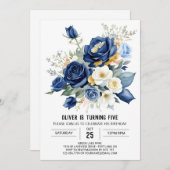 Invitation Printable Floral Bleu Anniversaire (Devant / Derrière)