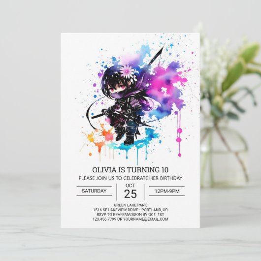 Invitation Printable moderne Ninja fille Anniversaire (Debout devant)