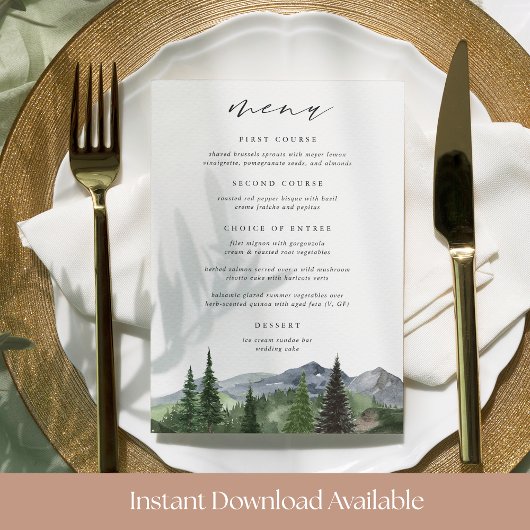Invitation Printable Mountain Forest Wedding Menu Card