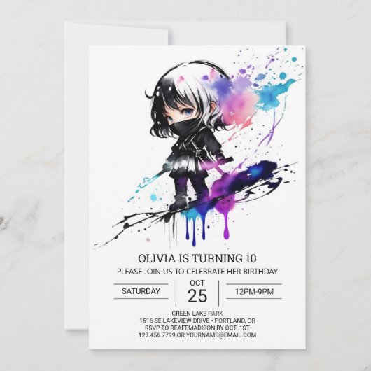 Invitation Printable Pastel Ninja Fille Anniversaire (Devant)