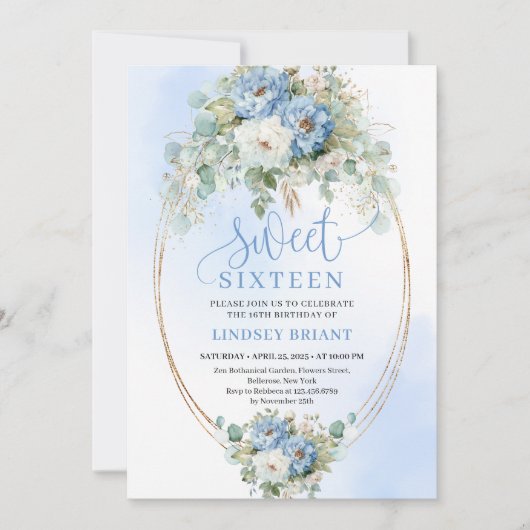 Invitation Printable Script Dusty Blue Floral Sweet 16 Invite (Devant)