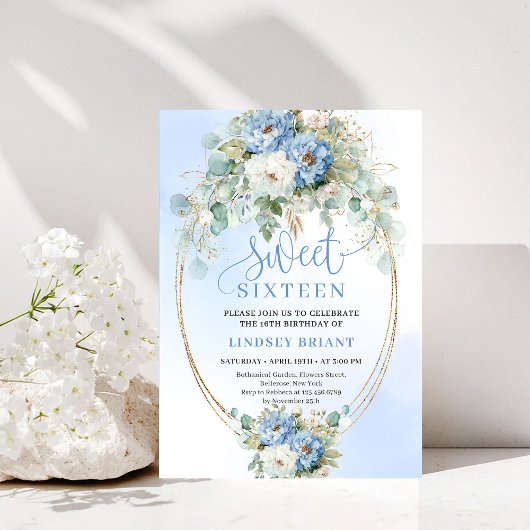Invitation Printable Script Dusty Blue Floral Sweet 16 Invite