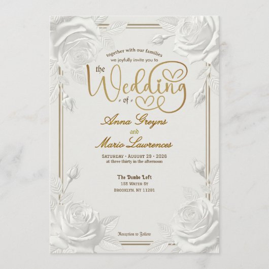 Invitation Printed Embossed White Rose Faux Gold Wedding (Devant)