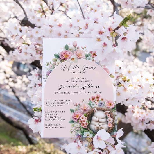 Invitation Printemps Blush Pink floral lapin bébé fille Douch