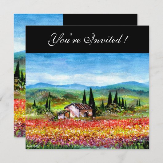Invitation PRINTEMPS EN TOSCANE, rouge vif bleu rose jaune (Devant / Derrière)