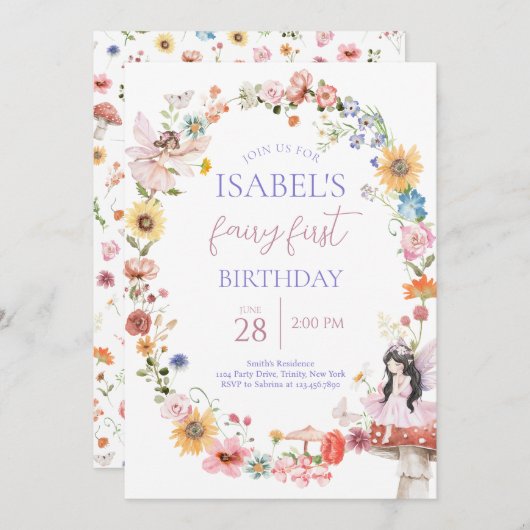 Invitation Printemps Fée Florale Premier anniversaire (Devant / Derrière)