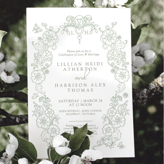 Invitation Printemps Fleur de lis mariage sauge vert blanc