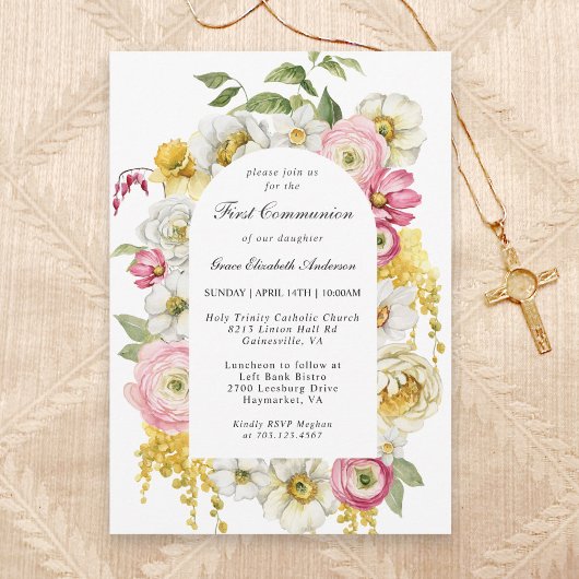 Invitation Printemps fleurit Arc Floral première communion