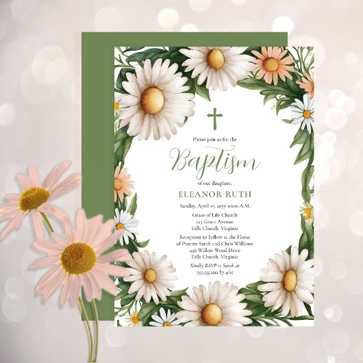 Invitation Printemps Fleurs de marguerite Fille Baptême Flora