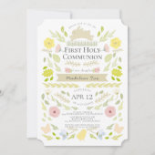 Invitation Printemps Floral Lapin rose Fille Première Sainte  (Devant)