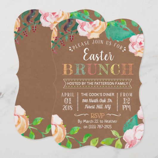 Invitation Printemps Floral Rustique Kraft Brunch de Pâques (Devant / Derrière)