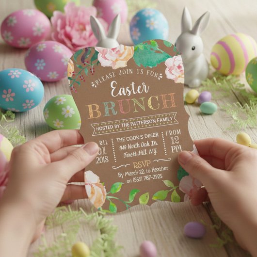 Invitation Printemps Floral Rustique Kraft Brunch de Pâques