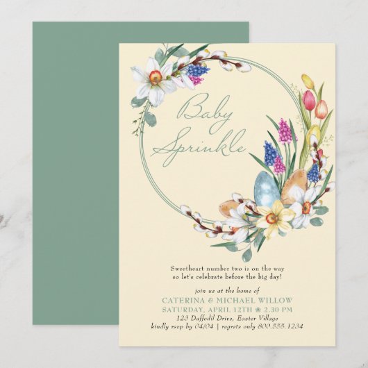 Invitation Printemps Floral Wreath Pâques Thème Bébé Sprinky (Devant / Derrière)
