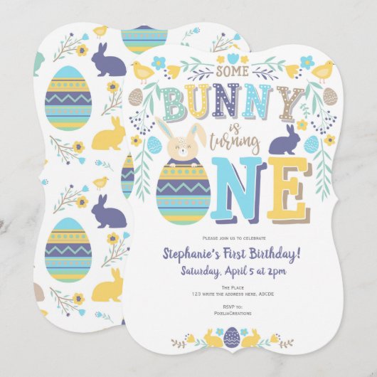 Invitation Printemps, garçon, 1er anniversaire, Pâques, Bunny (Devant / Derrière)