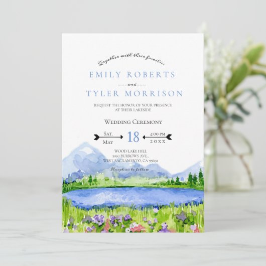 Invitation Printemps Lakeside Mountain Meadow Wedding Invite  (Debout devant)