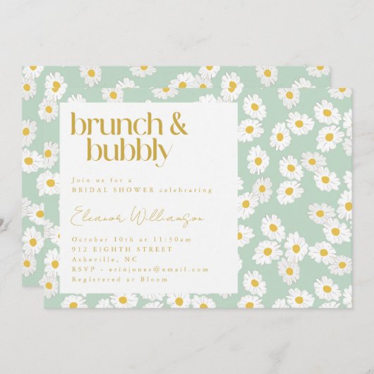 Invitation Printemps Pastel Sage Green Daisées Brunch Bubbly (Devant / Derrière)