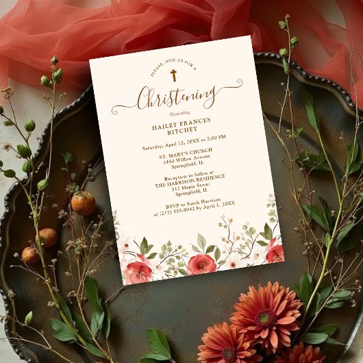 Invitation Printemps romantique Roses et Fleurs Baptême