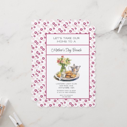 Invitation Printemps rose profond Brunch Fête des mères flora (Devant/Arrière en situation)