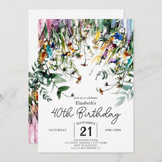 Invitation Printemps Script Fleur sauvage 40e anniversaire (Devant / Derrière)