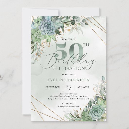 Invitation Printemps succulents eucalyptus or 50e anniversair (Devant)