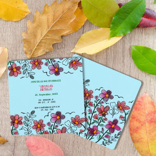 INVITATION PRINTEMPS UNIQUE ROUGE DOODLE FLEURS ANNIVERSAIRE
