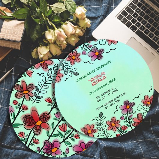 INVITATION PRINTEMPS UNIQUE ROUGE DOODLE FLEURS ANNIVERSAIRE